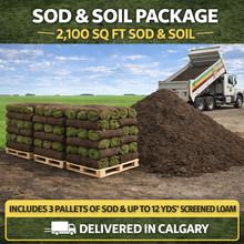 Load image into Gallery viewer, Sod and soil package with pallets of sod and a truck delivering in Calgary.