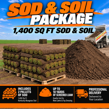 Load image into Gallery viewer, 1,400 sq ft Kentucky Bluegrass sod and soil package from Direct Landscape Supply, featuring two pallets of fresh sod, a pile of screened loam and a dump truck for professional delivery.