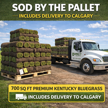 Load image into Gallery viewer, Truck delivering pallets of sod with promotional text about delivery to Calgary.