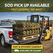 Load image into Gallery viewer, Forklift loading sod rolls onto a truck with promotional text about sod pickup availability.