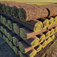 Load image into Gallery viewer, Rolls of Kentucky Blue Grass sod with soil on top, stacked in an outdoor setting.
