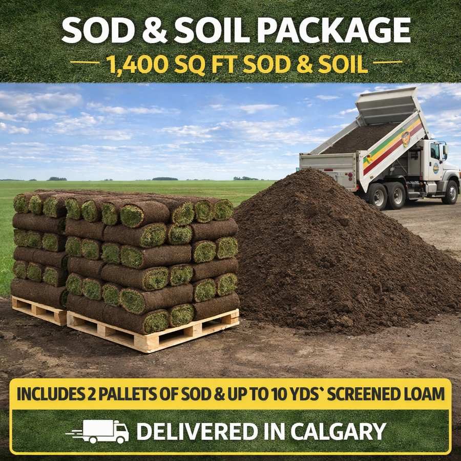 Sod and soil package with a truck, sod rolls, and soil pile on a green background.