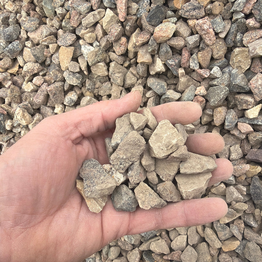 Hand holding small stones with a background of gravel