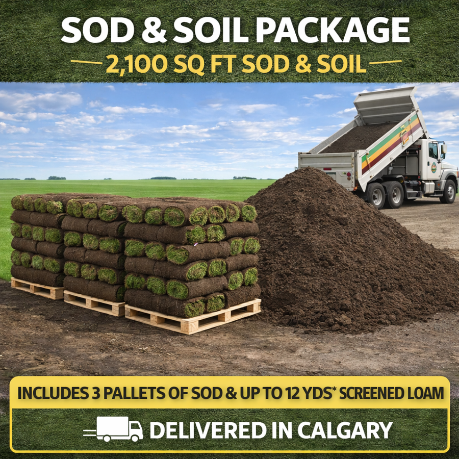 Sod and soil package with pallets of sod and a truck delivering in Calgary.