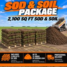 Load image into Gallery viewer, 2,100 sq ft Kentucky Bluegrass sod and soil package from Direct Landscape Supply, featuring three pallets of rolled sod, a pile of screened loam and a dump truck for professional delivery.
