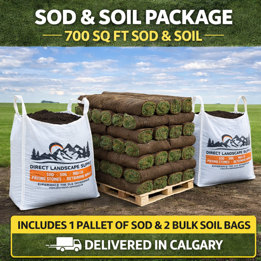 Sod and soil package with pallet of sod and bulk soil bags, delivered in Calgary.