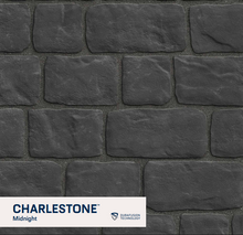 Load image into Gallery viewer, Dark gray stone wall with Charlestone Midnight branding and 'BuraFusion Technology' logo.
