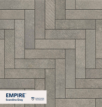 Load image into Gallery viewer, Patterned stone tiles with 'Empire Scandina Gray' branding and Durafusion Technology logo.
