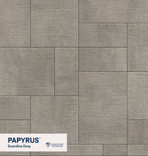 Load image into Gallery viewer, Patterned stone tiles with 'Papyrus' branding and 'Scandina Gray' color swatch.

