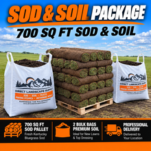 Load image into Gallery viewer, 700 sq ft Kentucky Bluegrass sod and soil package from Direct Landscape Supply, featuring one pallet of fresh sod and two bulk bags of premium soil with professional delivery.
