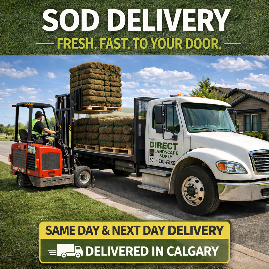 Truck delivering sod with forklift, text about sod delivery services in Calgary.