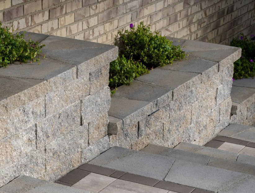 Stone wall with plants and a paved walkway in front of a brick building.